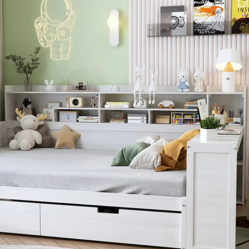 Wooden Full Size Daybed with Storage Shelves, Two Drawers & Study Desk,Antique White