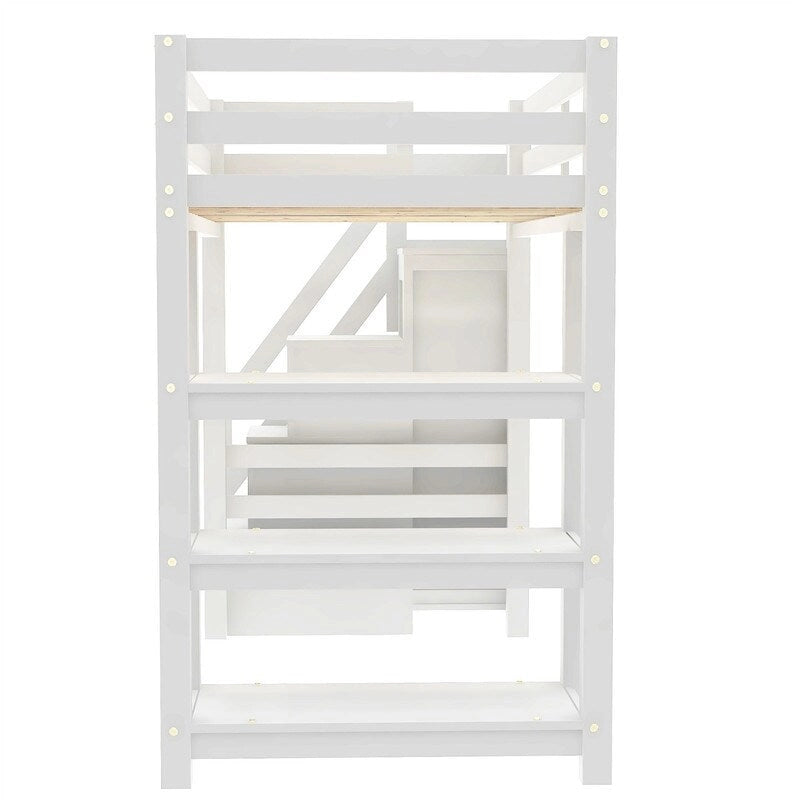 Twin/Full Size Loft Bed with Small Wardrobe and Storage Staircase, Solid Wood Loft Bedframe with LED Light and Storage Shelves