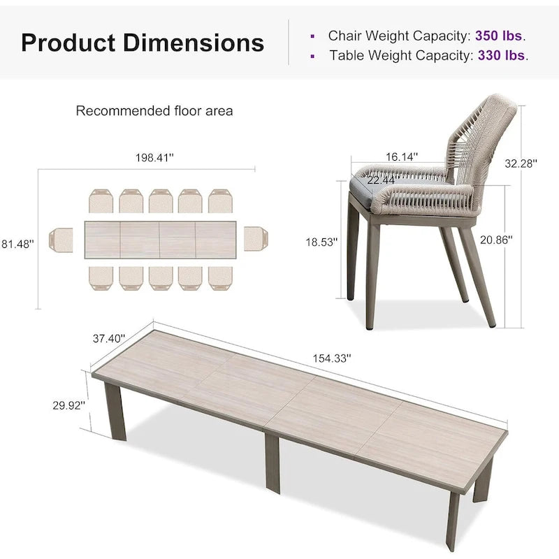 PURPLE LEAF Dining Set Patio Metal Rectangular Table and Wicker Rattan Chairs for Outside Porch Modern Outdoor Furniture Sets