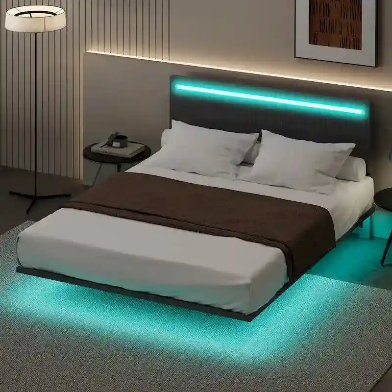 Roomfitters Full/Queen Size Floating Platform Bed Frame, Velvet Upholstery, Channel Tufted Headboard, No Box Spring Needed