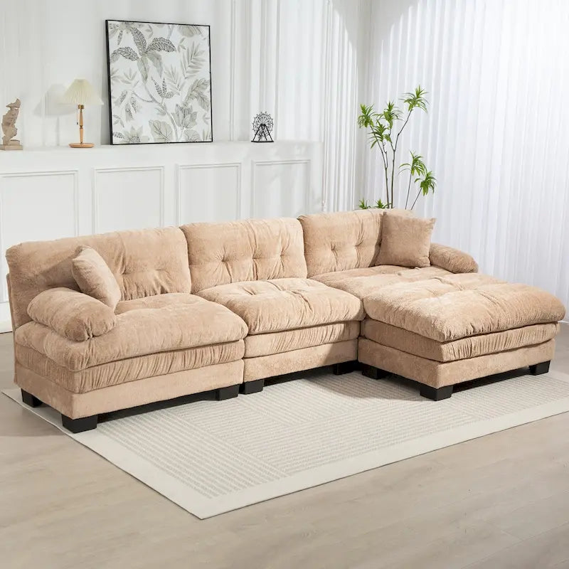 Divano Sezionale a L Trasformabile in Velluto Chenille da 120,87" con Pouf
