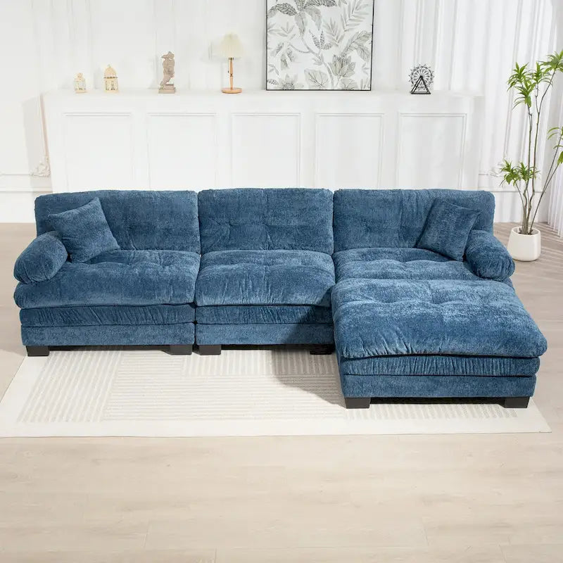 Divano Sezionale a L Trasformabile in Velluto Chenille da 120,87" con Pouf