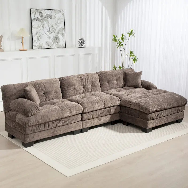 Divano Sezionale a L Trasformabile in Velluto Chenille da 120,87" con Pouf