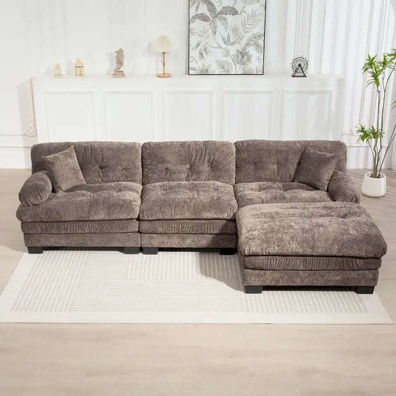 Divano Sezionale a L Trasformabile in Velluto Chenille da 120,87" con Pouf