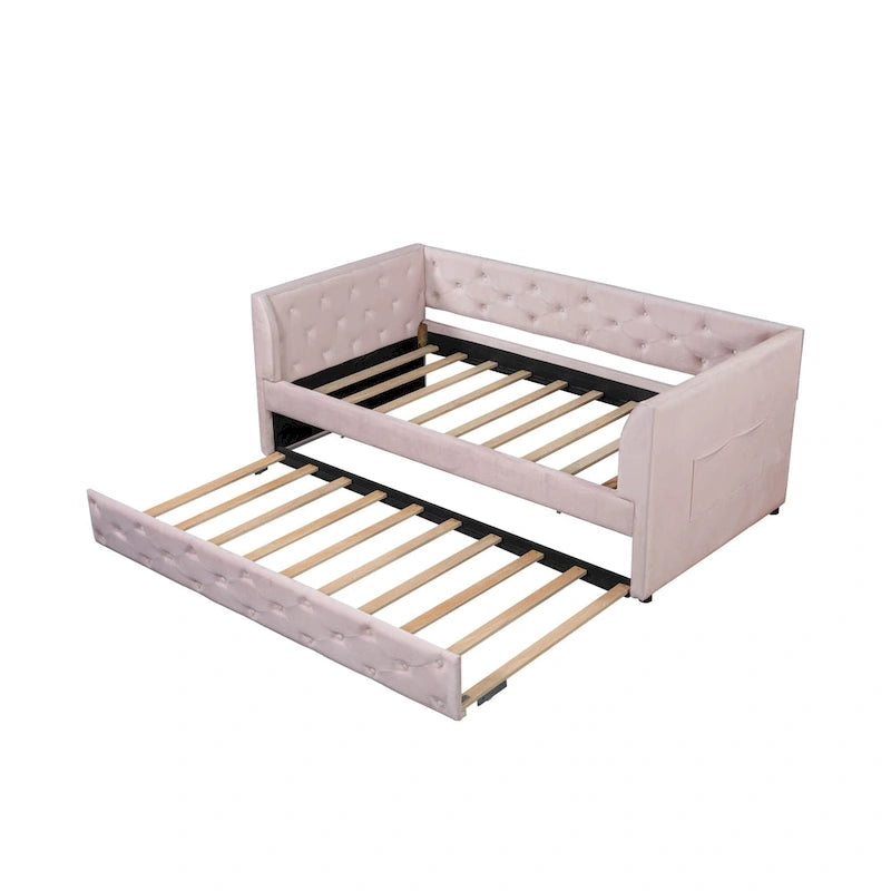 Twin Velvet Tufted Daybed with Trundle & Storage