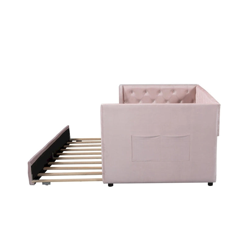 Twin Velvet Tufted Daybed with Trundle & Storage