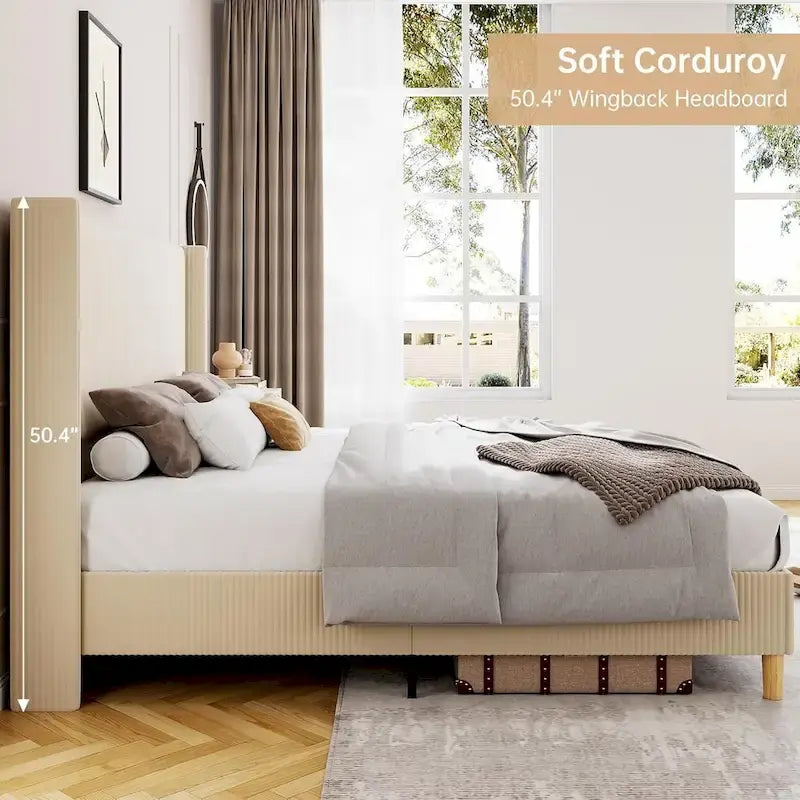 IDEALHOUSE Corduroy, Platform Bed with 51Tall Vertical Headboard
