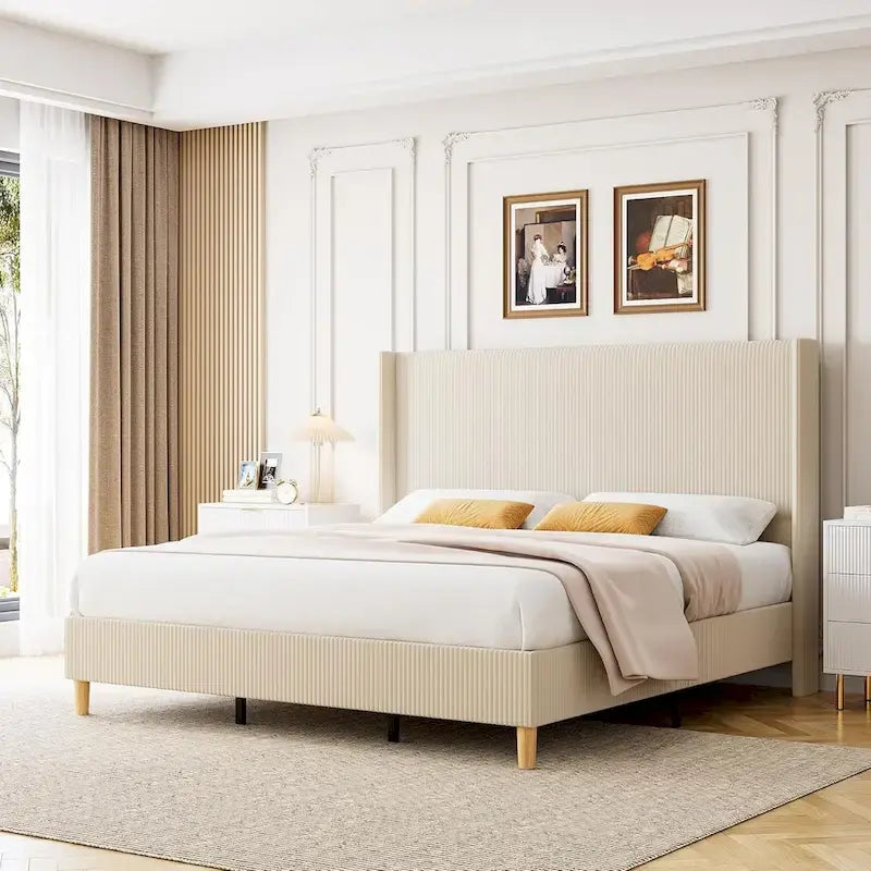 IDEALHOUSE Corduroy, Platform Bed with 51Tall Vertical Headboard