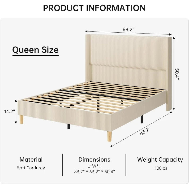 IDEALHOUSE Corduroy, Platform Bed with 51Tall Vertical Headboard