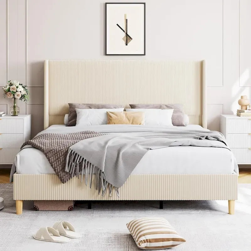 IDEALHOUSE Corduroy, Platform Bed with 51Tall Vertical Headboard