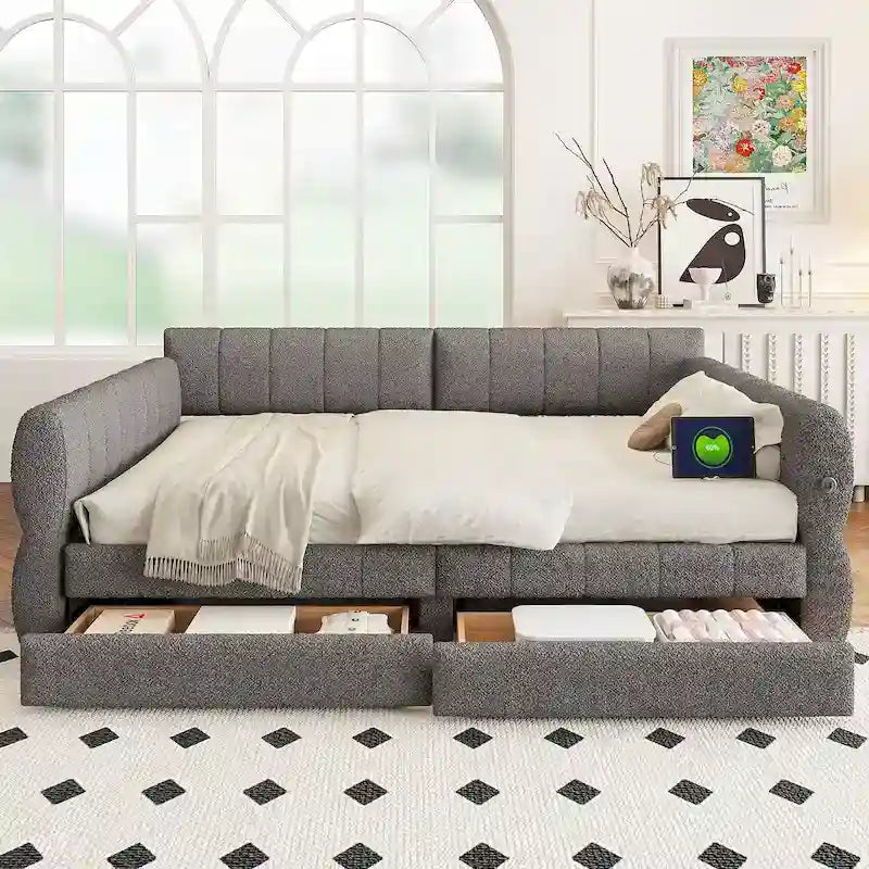 Queen Size Upholstered Platform Bed with USB and 2 Drawers, White