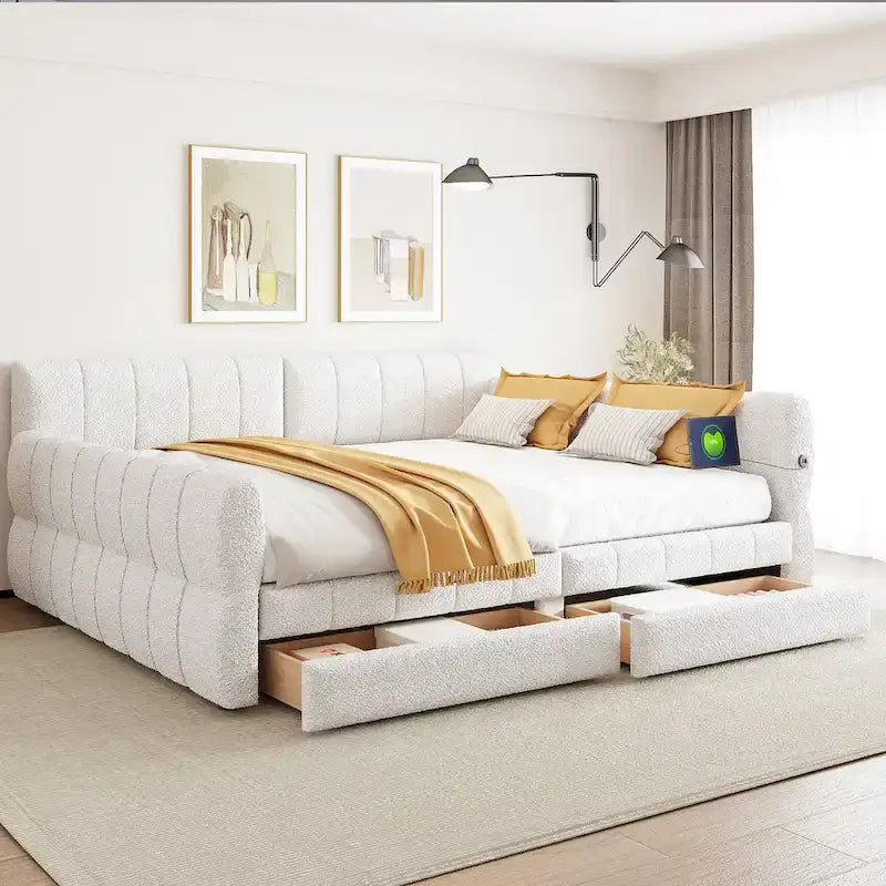 Queen Size Upholstered Platform Bed with USB and 2 Drawers, White