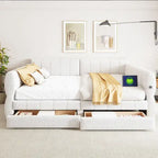 Queen Size Upholstered Platform Bed with USB and 2 Drawers, White
