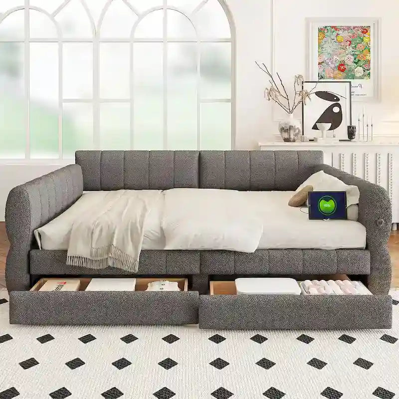 Queen Size Upholstered Platform Bed with USB and 2 Drawers, White