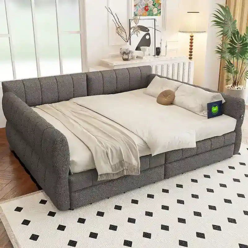 Queen Size Upholstered Platform Bed with USB and 2 Drawers, White