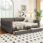 Queen Size Upholstered Platform Bed with USB and 2 Drawers, White