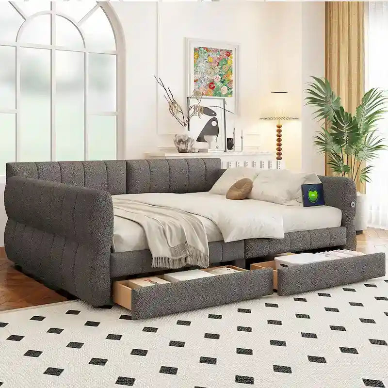 Queen Size Upholstered Platform Bed with USB and 2 Drawers, White