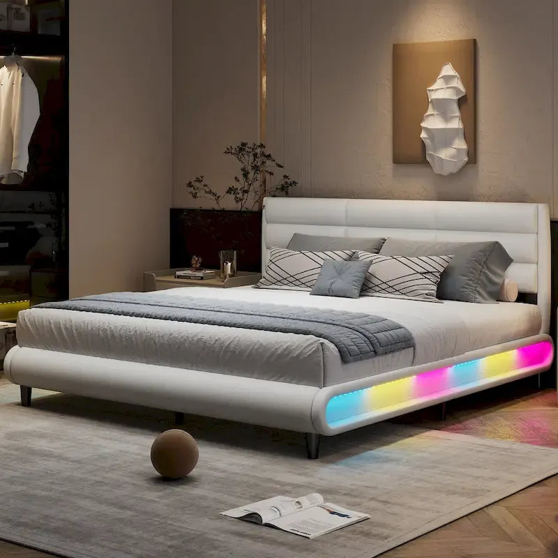 King Size Upholstered Platform Bed with LED Light Strips,Beige