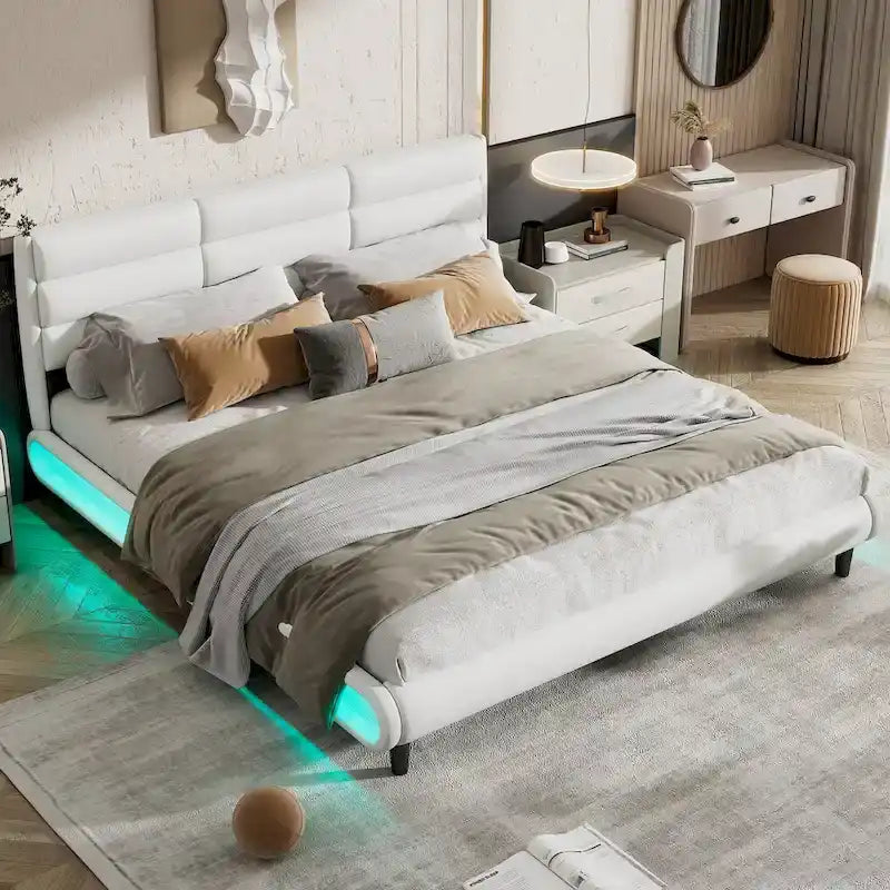 King Size Upholstered Platform Bed with LED Light Strips,Beige