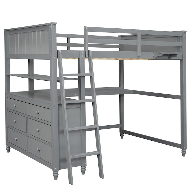 Full size Loft Bed with Drawers and Desk, Wooden Loft Bed with Shelves