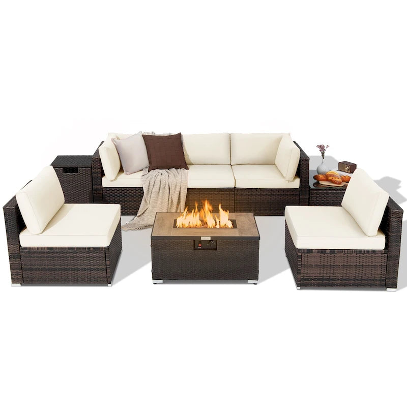 Costway 8PCS Patio Rattan Furniture Set Fire Pit Table Tank Holder - See Details