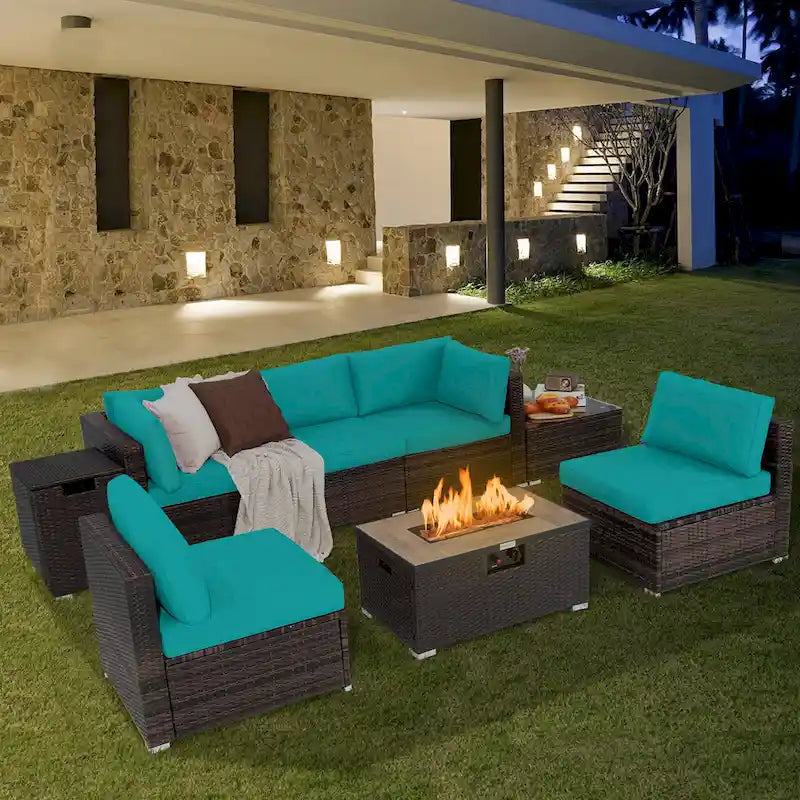 Costway 8PCS Patio Rattan Furniture Set Fire Pit Table Tank Holder - See Details