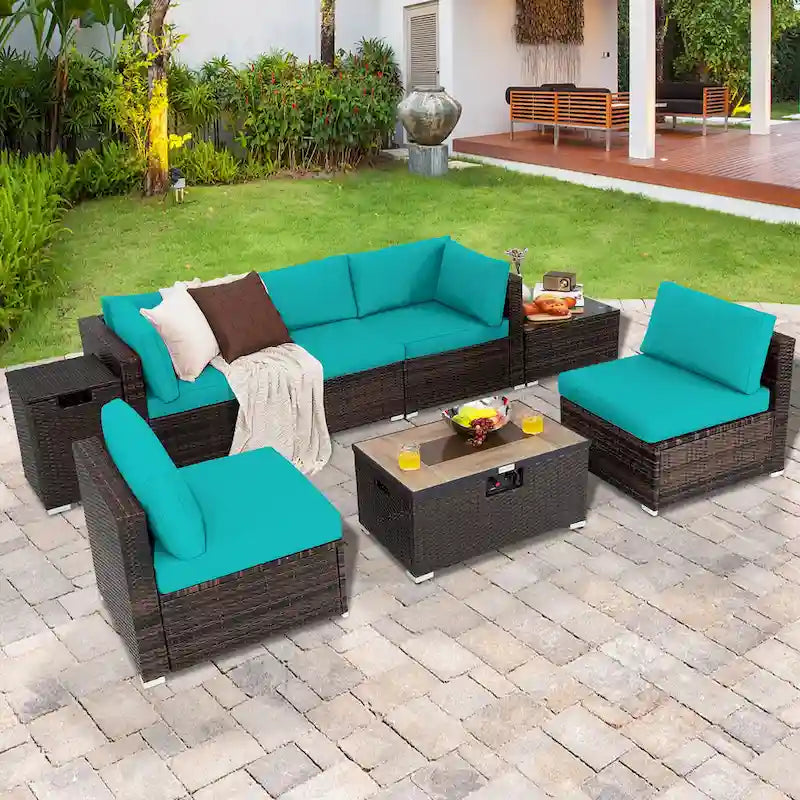 Costway 8PCS Patio Rattan Furniture Set Fire Pit Table Tank Holder - See Details