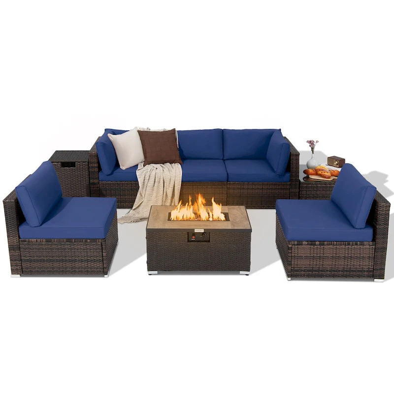 Costway 8PCS Patio Rattan Furniture Set Fire Pit Table Tank Holder - See Details
