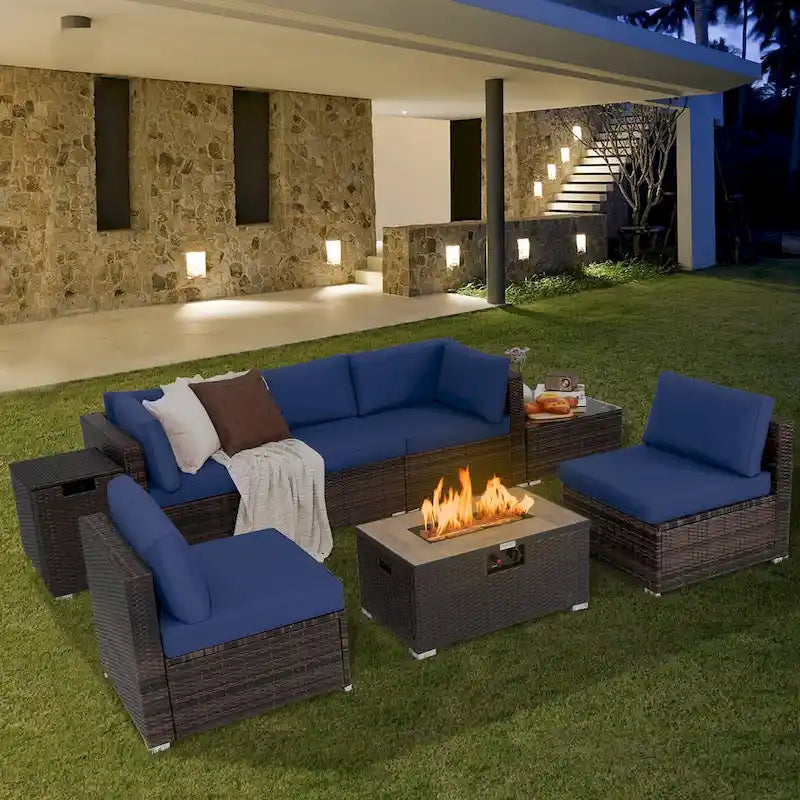 Costway 8PCS Patio Rattan Furniture Set Fire Pit Table Tank Holder - See Details