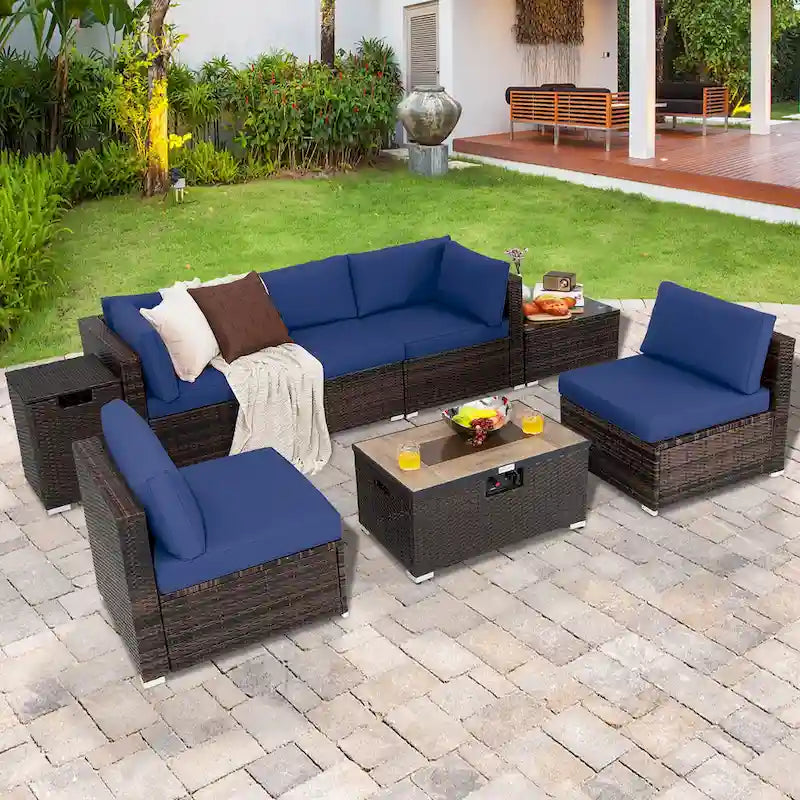 Costway 8PCS Patio Rattan Furniture Set Fire Pit Table Tank Holder - See Details