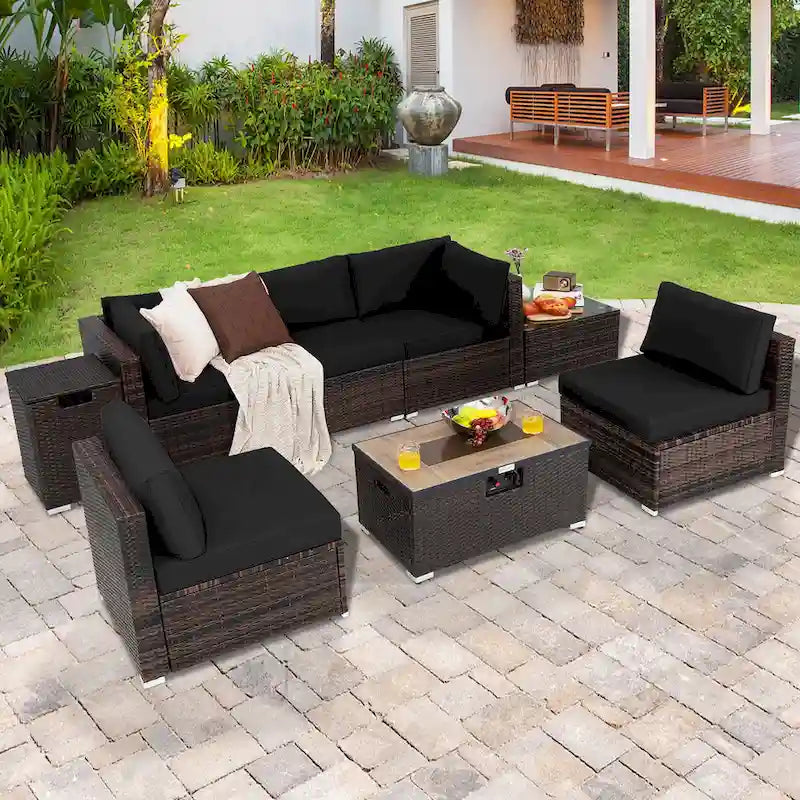 Costway 8PCS Patio Rattan Furniture Set Fire Pit Table Tank Holder - See Details