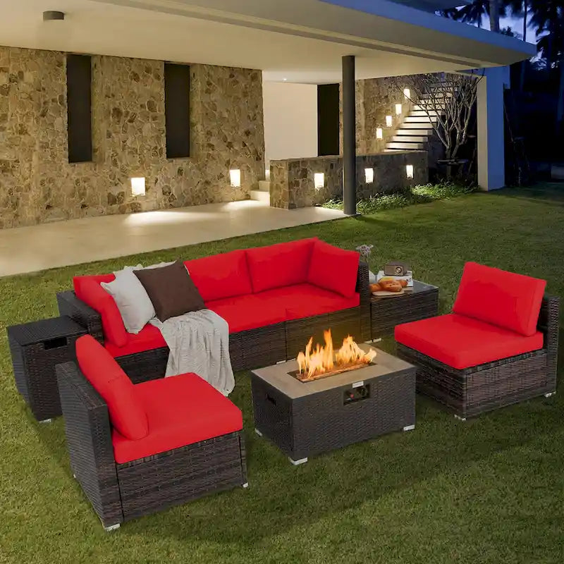Costway 8PCS Patio Rattan Furniture Set Fire Pit Table Tank Holder - See Details