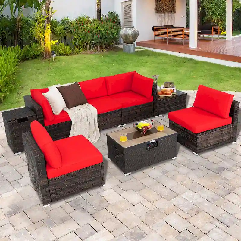 Costway 8PCS Patio Rattan Furniture Set Fire Pit Table Tank Holder - See Details