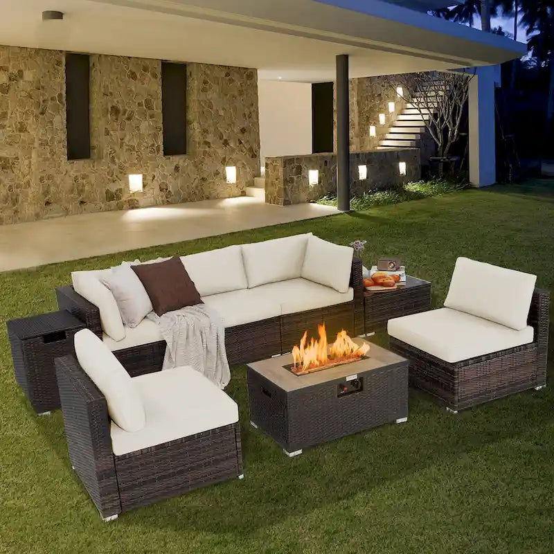 Costway 8PCS Patio Rattan Furniture Set Fire Pit Table Tank Holder - See Details
