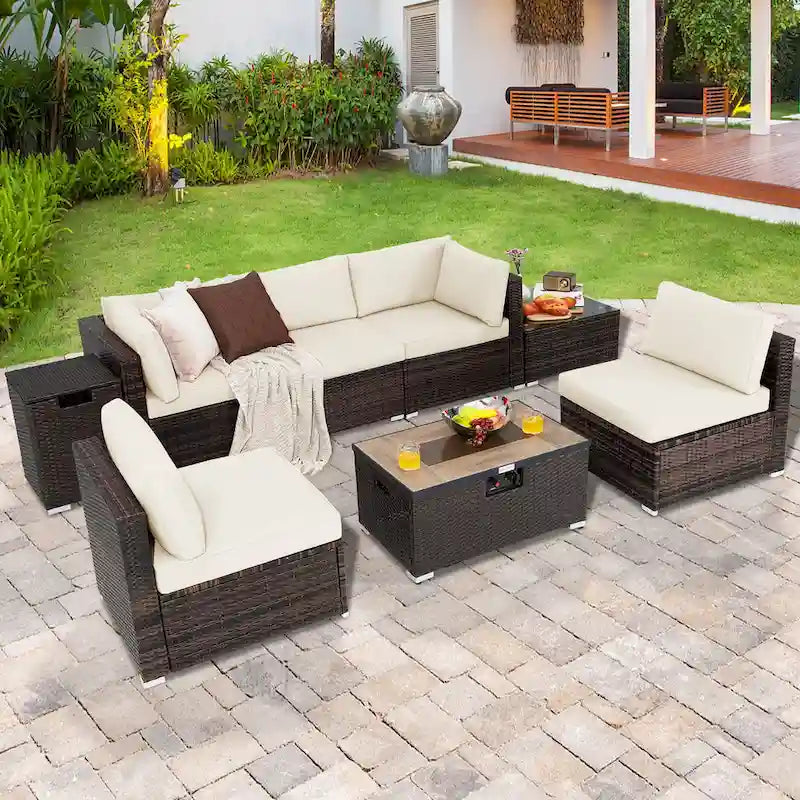 Costway 8PCS Patio Rattan Furniture Set Fire Pit Table Tank Holder - See Details