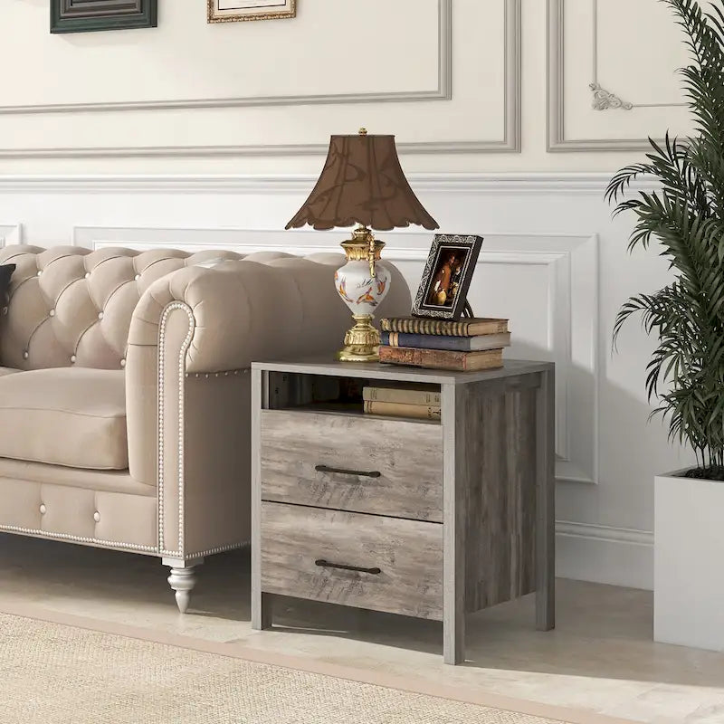 Gymax Nightstand w/ 2 Drawers Farmhouse Bed Side Table w/ Open Storage