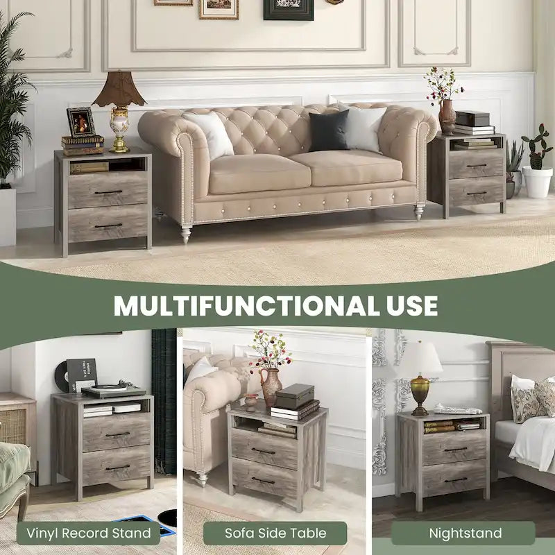 Gymax Nightstand w/ 2 Drawers Farmhouse Bed Side Table w/ Open Storage