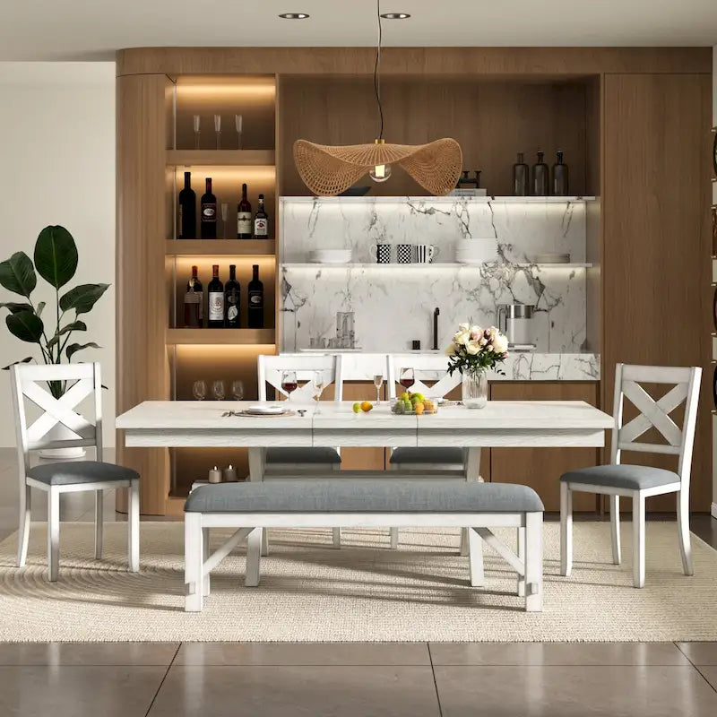 VECELO Set tavolo da pranzo con panca, tavolo da pranzo rettangolare allungabile in legno massello e 4 sedie da pranzo in legno massello