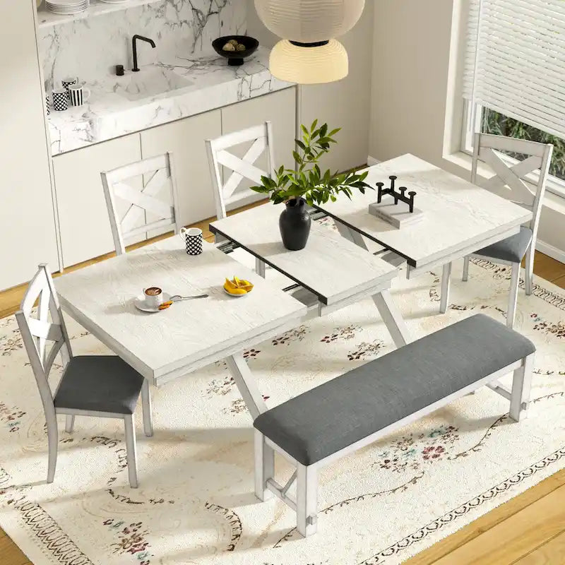 VECELO Dining Table Set with Bench, Solid Wood Rectangular Extendable Dining Table & 4 Solid Wood Dining Chairs