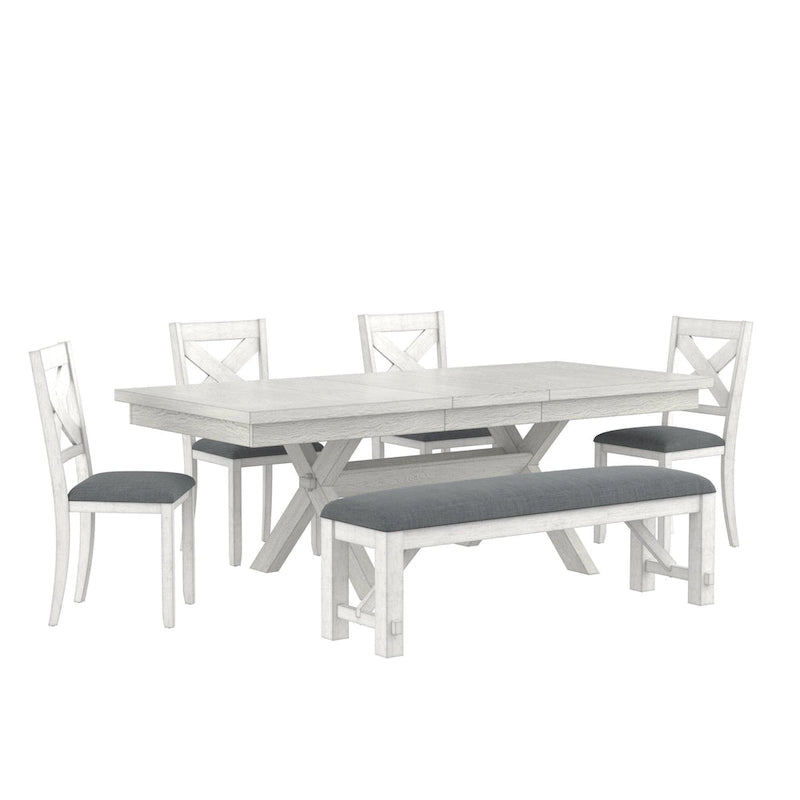 VECELO Set tavolo da pranzo con panca, tavolo da pranzo rettangolare allungabile in legno massello e 4 sedie da pranzo in legno massello