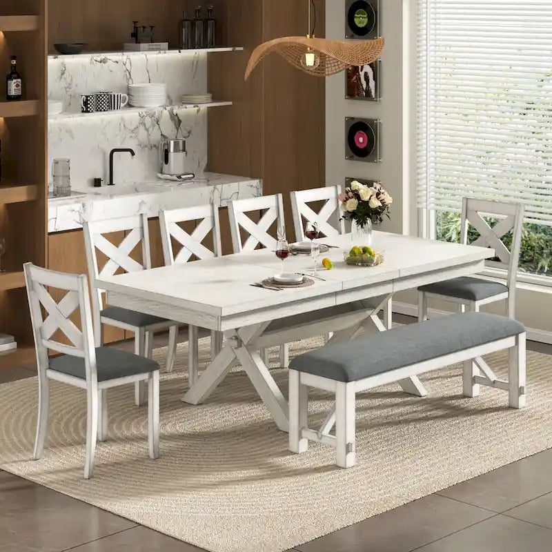 VECELO Set tavolo da pranzo con panca, tavolo da pranzo rettangolare allungabile in legno massello e 4 sedie da pranzo in legno massello