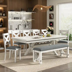 VECELO Set tavolo da pranzo con panca, tavolo da pranzo rettangolare allungabile in legno massello e 4 sedie da pranzo in legno massello