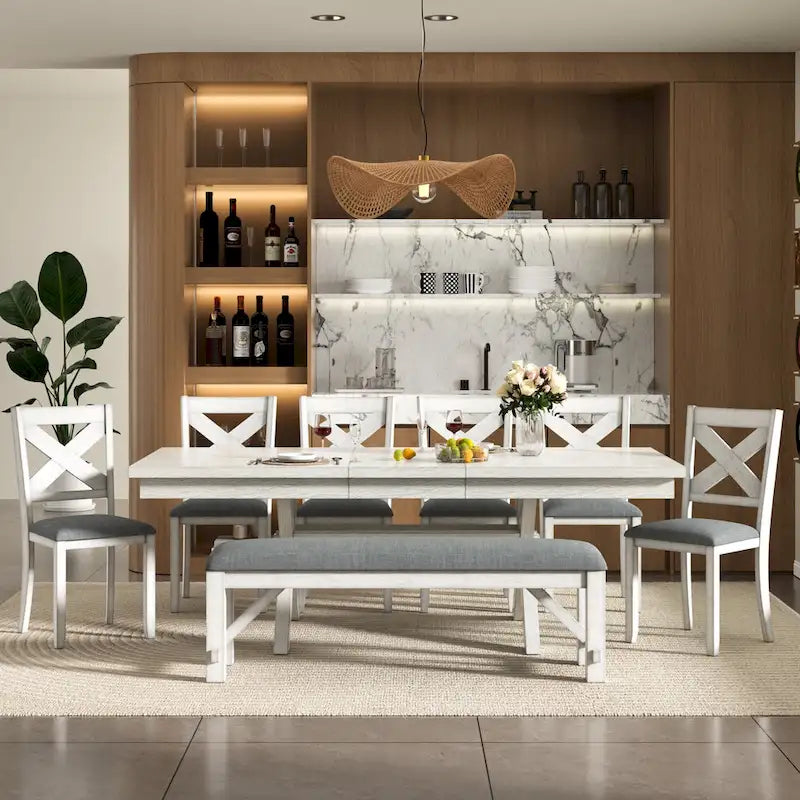 VECELO Set tavolo da pranzo con panca, tavolo da pranzo rettangolare allungabile in legno massello e 4 sedie da pranzo in legno massello