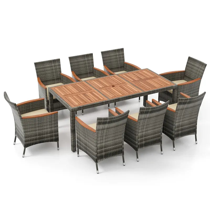 Costway Set da Pranzo per Esterni 9 Pezzi in Vimini con Tavolo in Legno di Acacia e 8 - Vedi Dettagli