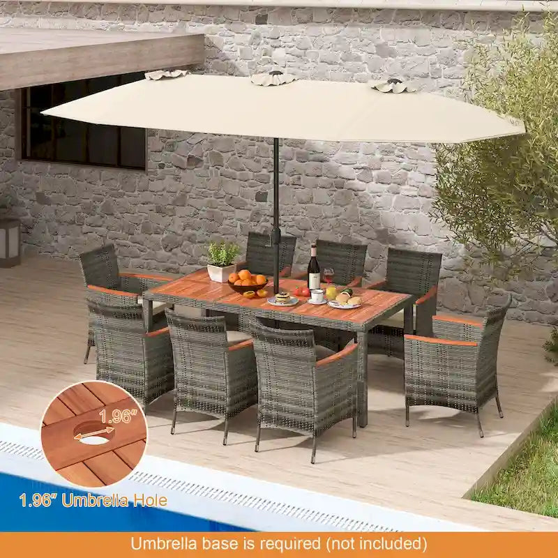 Costway Set da Pranzo per Esterni 9 Pezzi in Vimini con Tavolo in Legno di Acacia e 8 - Vedi Dettagli