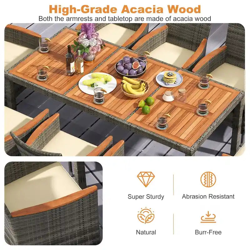 Costway Set da Pranzo per Esterni 9 Pezzi in Vimini con Tavolo in Legno di Acacia e 8 - Vedi Dettagli