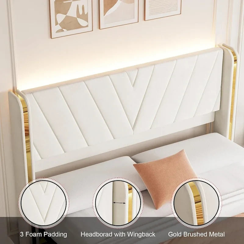 Upholstered Velvet Platform Bed Frame With Wingback Headboard and 4 Storage Drawers