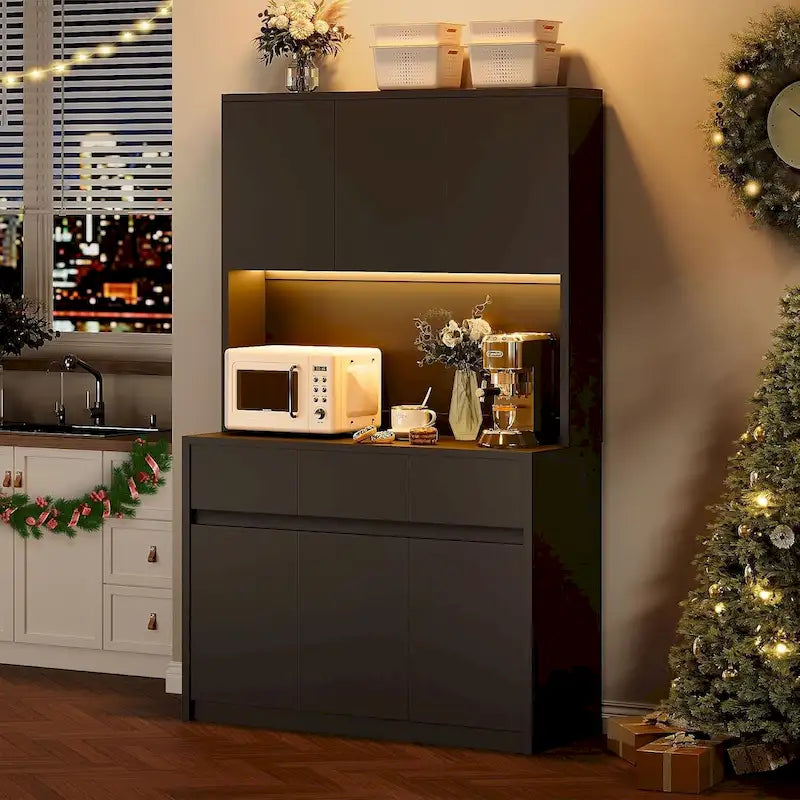 Large Kitchen Pantry with Microwave Countertop and LED Lights