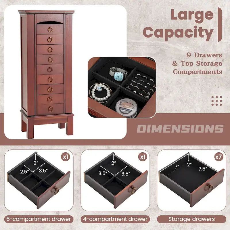 Costway Wood Jewelry Cabinet Armoire Storage Box Chest Stand Organizer - 10.5 X16 X40