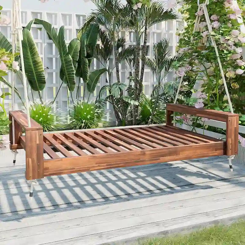 Twin Size Porch Swing Bed Patio Acacia Wood Swing Frame with Hemp Ropes